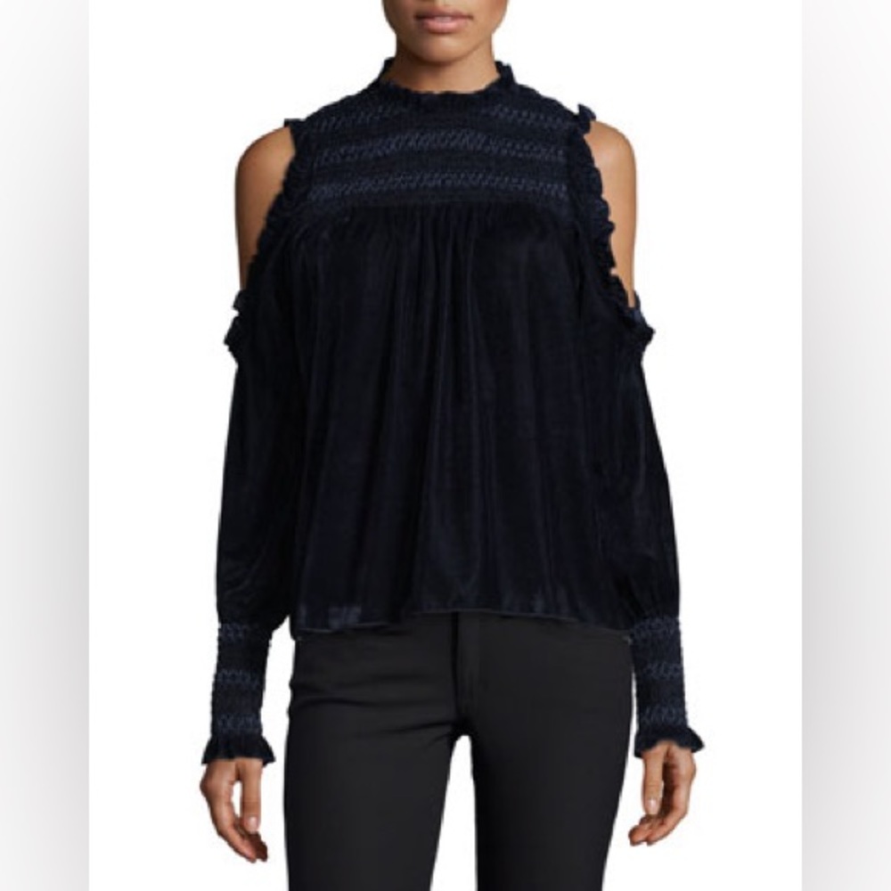 Joie Aneisha Velvet Cold-Shoulder Smocked Top in Midnight Sky Size XS